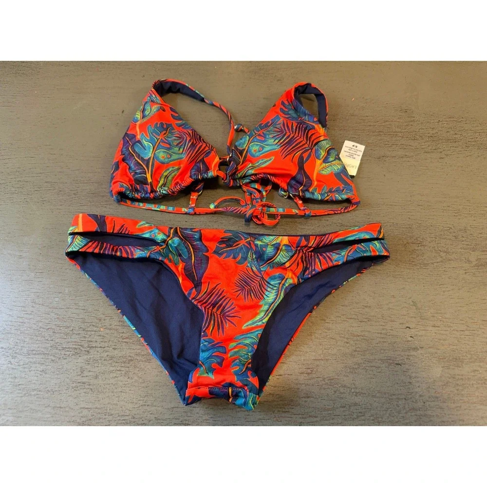 L*Space Tropical Leaf Print Bikini Set Orange Blue Small NWOT